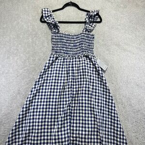 Max Studio Dress Womens Small Blue White Gingham Smocked Ruffle Midi *READ*